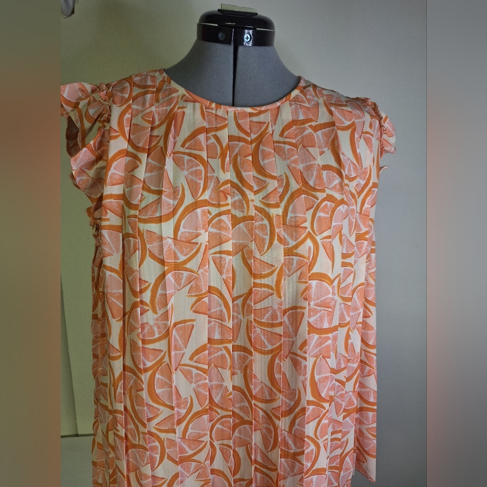 DR2 Orange Slice Pleated Front Ruffle Sleeve Blouse Size Med - Picture 2 of 8